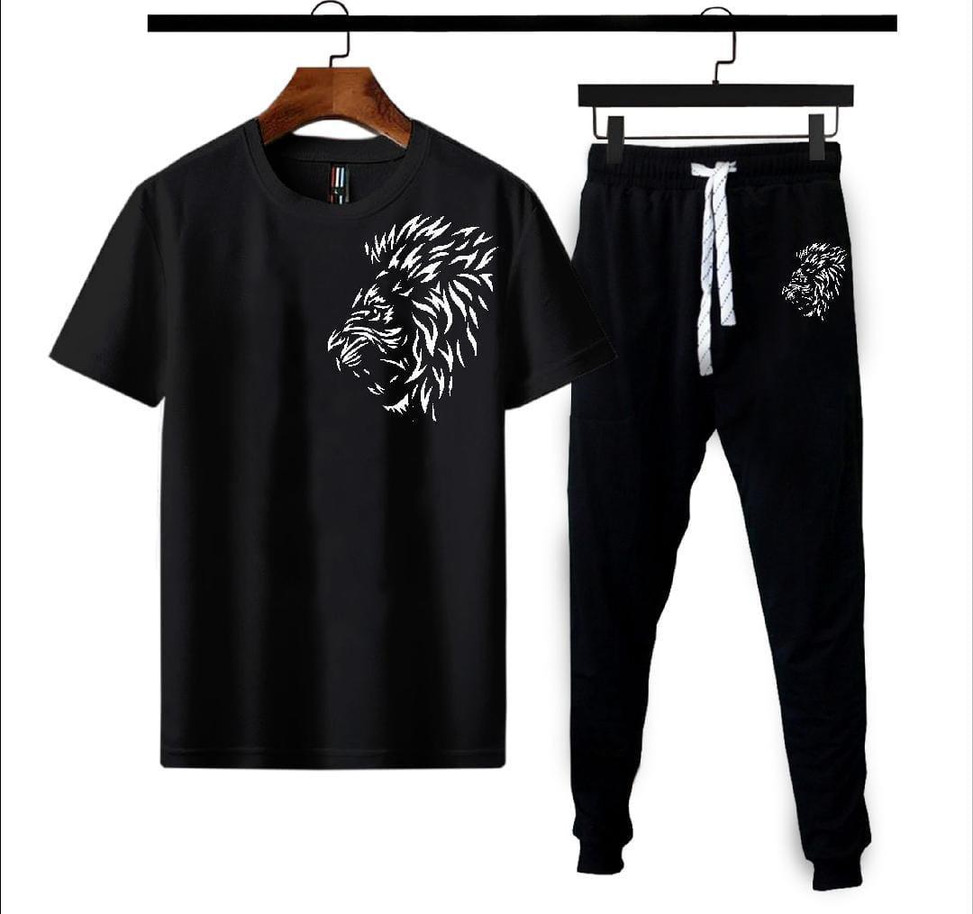 Men Black Lion Printed Track Suit 2Pcs Polyester